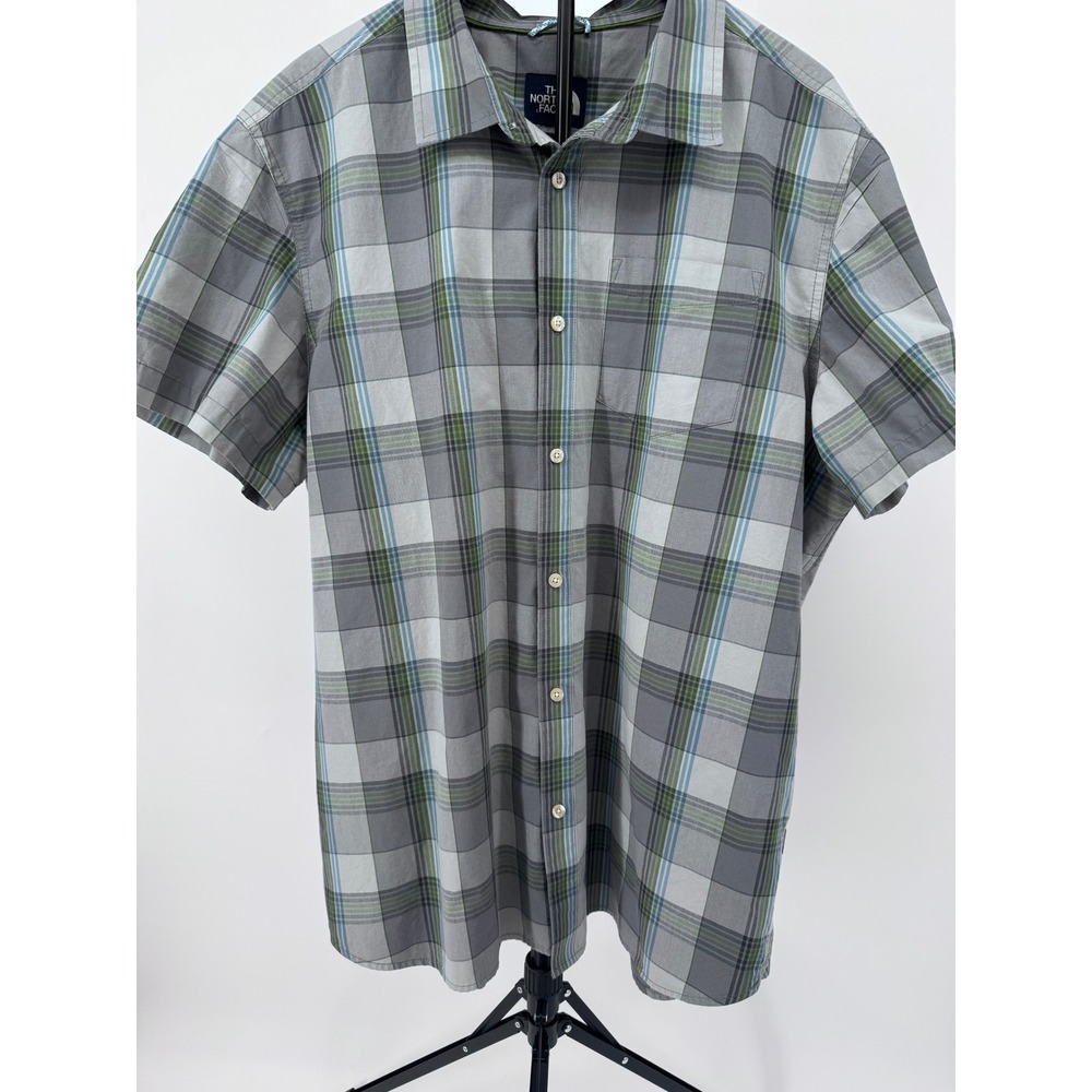 The North Face Mens XXL Grey Green Plaid Short Sleeve Button Down Hiking Shirt